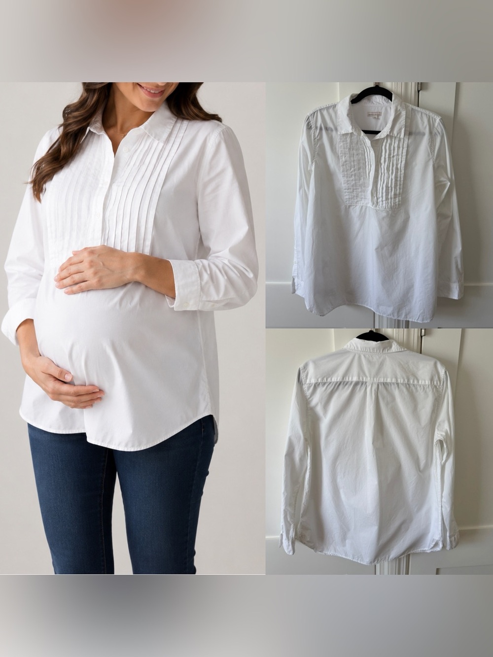Gap Maternity Tuxedo Pleated Bib Popover Cotton Shirt White Sz M